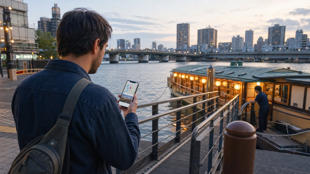 Traveler checking in for a yakatabune cruise at a Tokyo pier