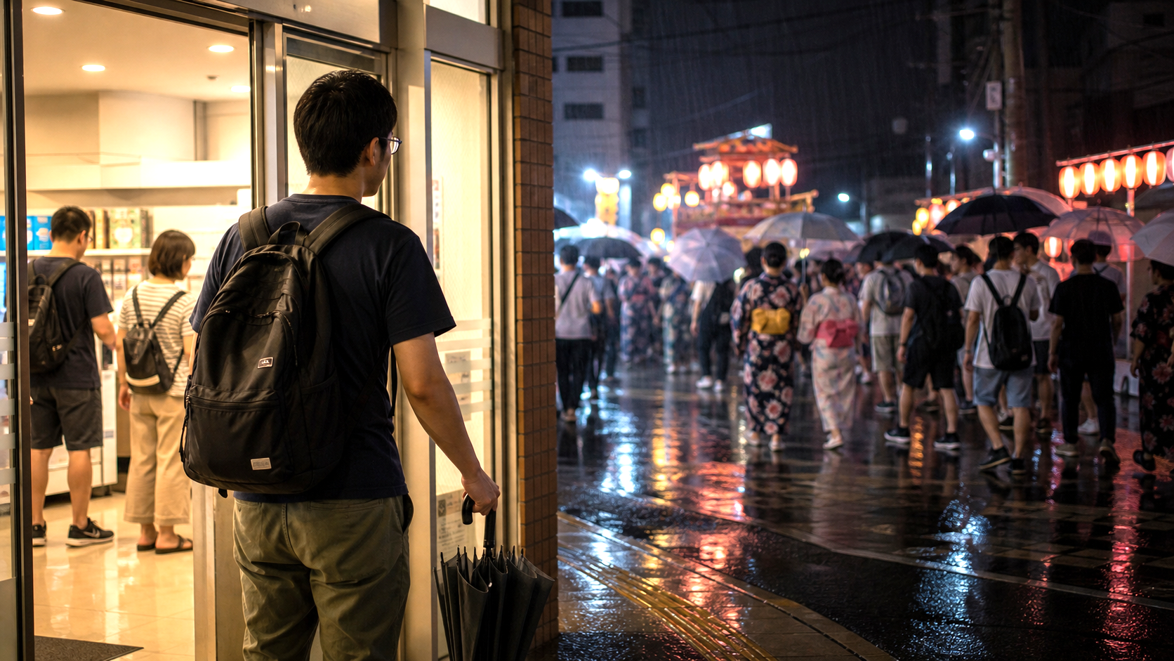Photo-real AI image of travelers checking a phone under shelter during a rainy festival night.