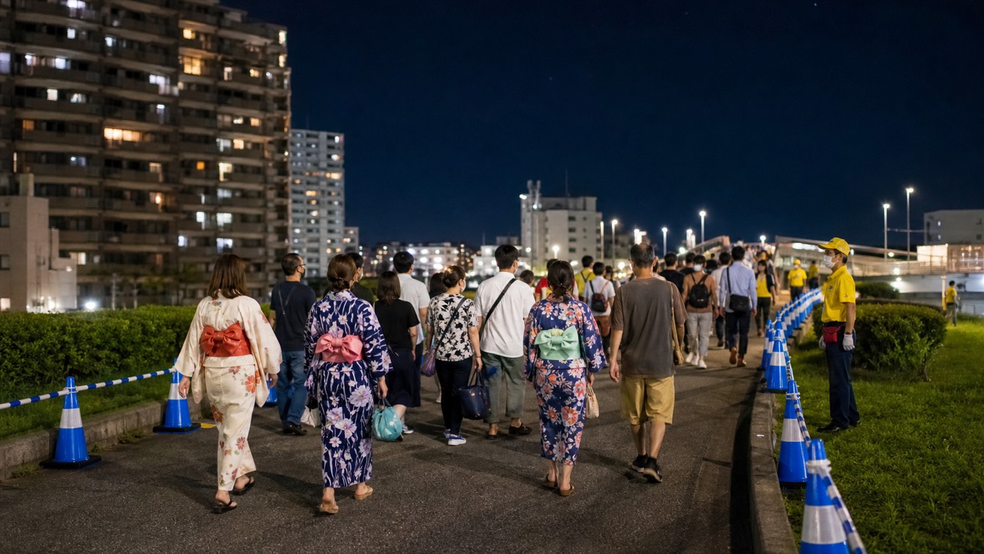 Orderly crowd leaving the Koto Fireworks venue after the show