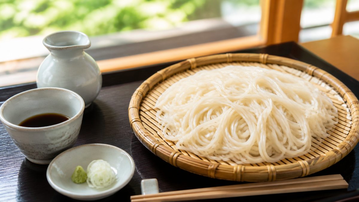 Pale sarashina soba on a bamboo tray with dipping sauce