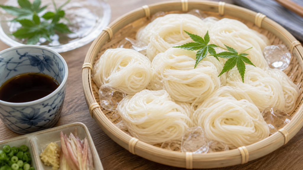 Cold somen noodles with dipping sauce and summer condiments