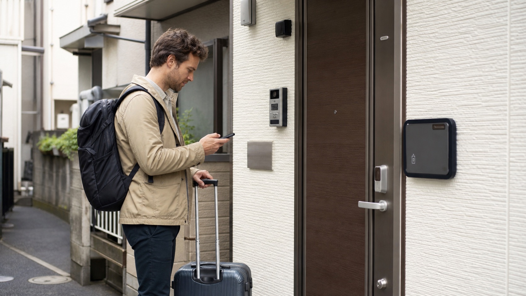 Traveler with a suitcase contacting an unstaffed accommodation in Japan