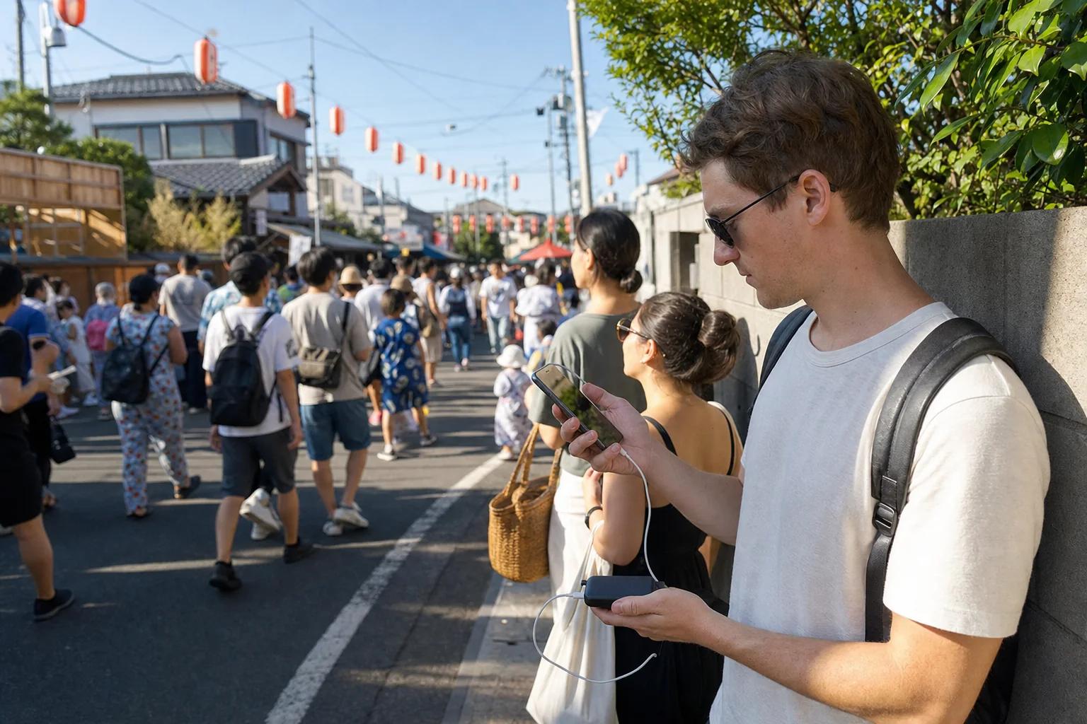 Traveler using a power bank away from the main crowd at a daytime festival in Japan.