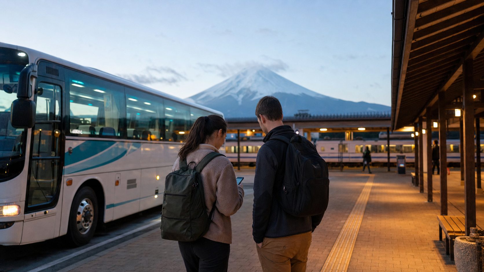 Travelers returning to Kawaguchiko Station before dusk