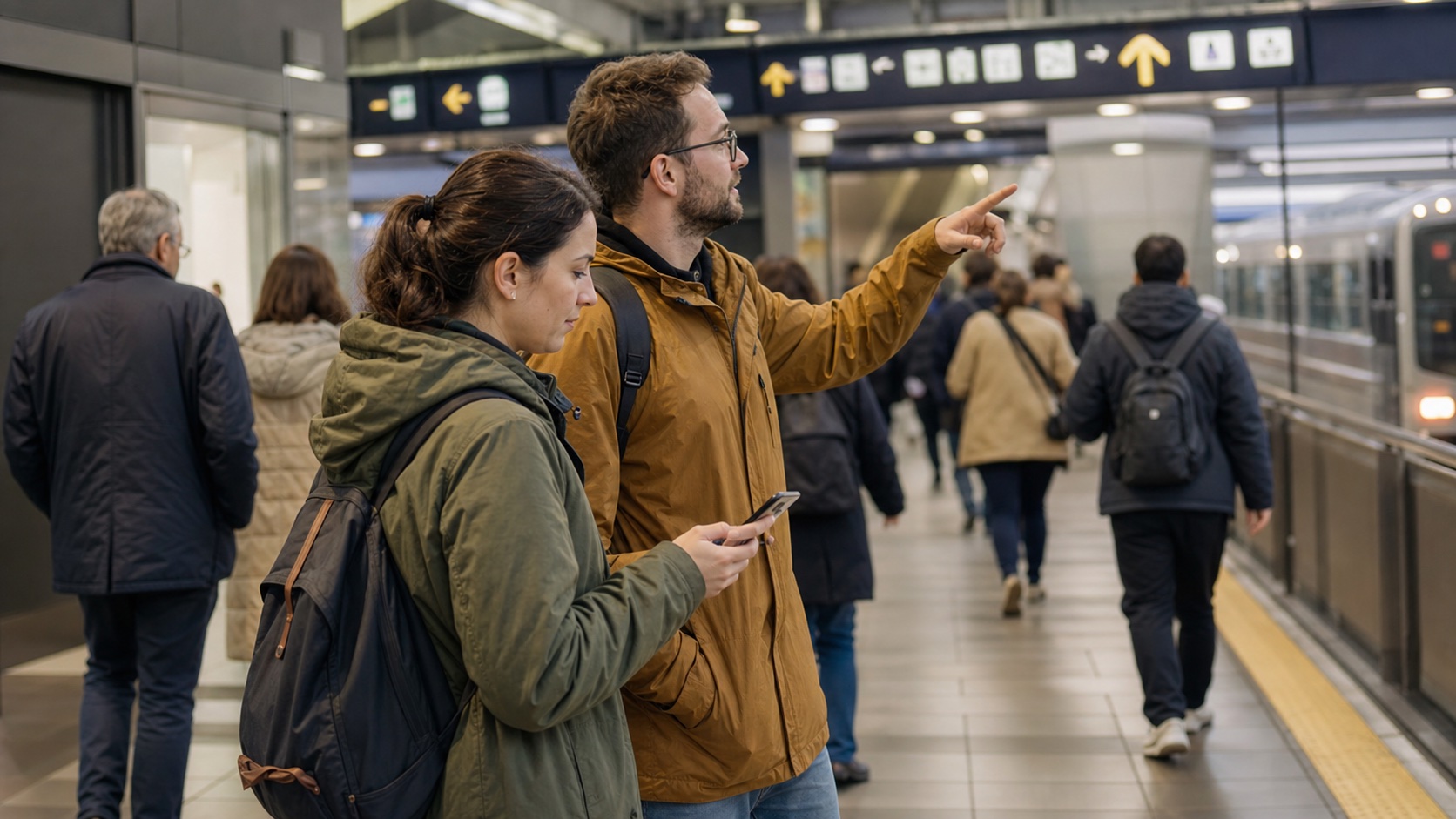 Travelers choosing an alternative route in a Kyoto station
