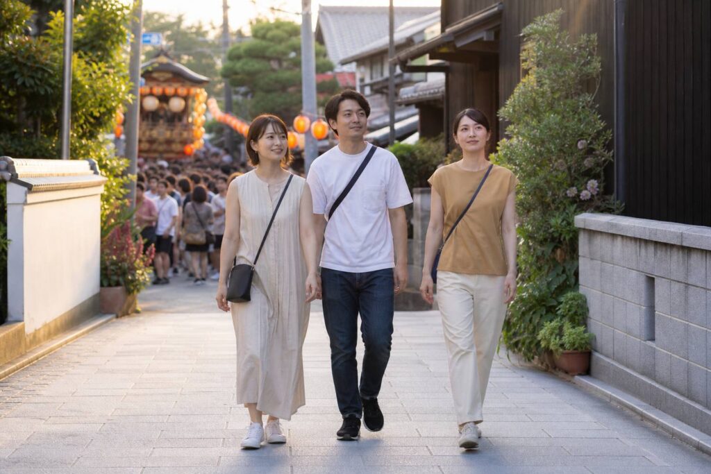 Three adults leave a crowded summer festival for a quieter street