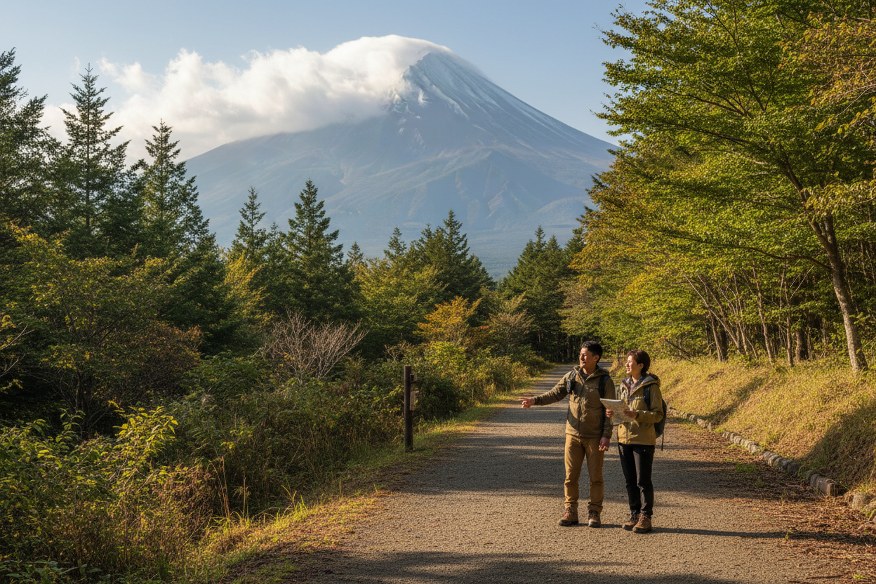Travelers considering a lower Mount Fuji walking route while the summit is in cloud