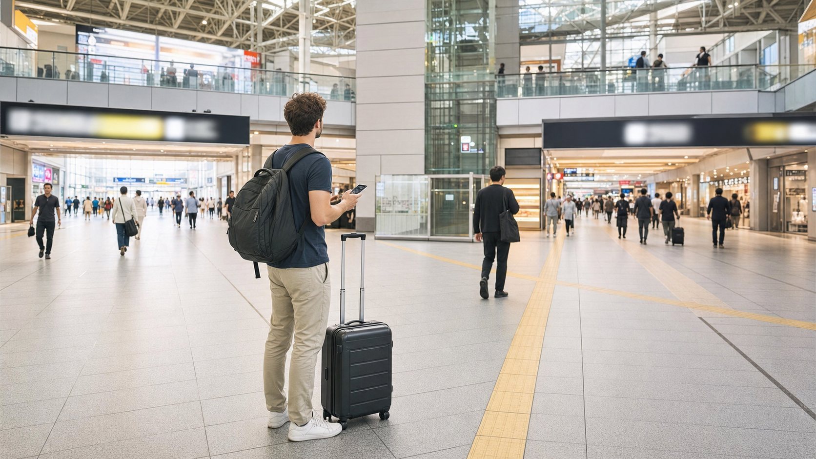 Traveler checking departure boards and replacement routes inside a large Japanese station