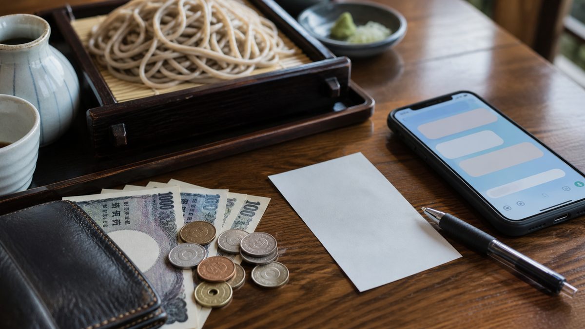 Soba meal with yen cash, blank note card, and smartphone for allergy and payment planning