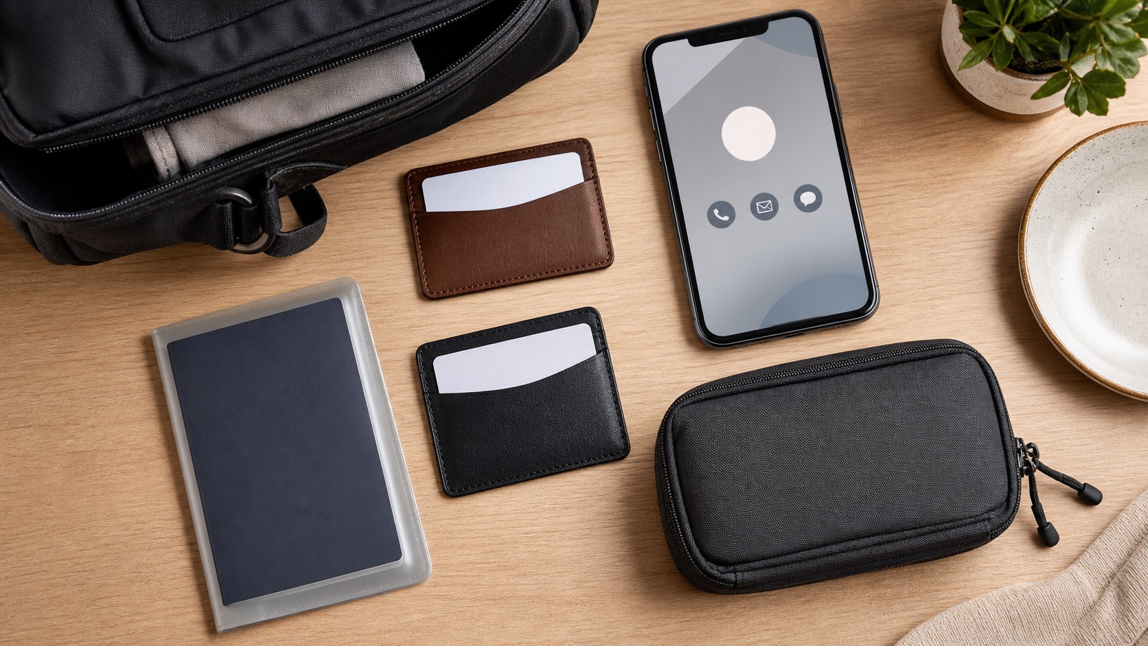 Two payment cards stored separately with travel essentials before a Japan trip