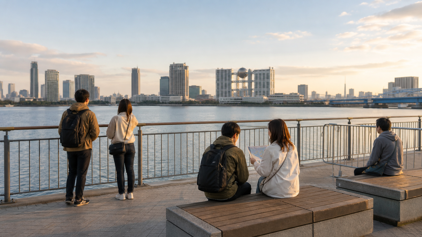 Early arrival at a calm Tokyo Bay viewing area