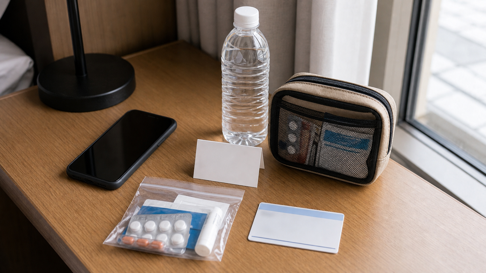 Photo-real AI image of a phone, medicine pouch, travel insurance card, and allergy card for emergency readiness.