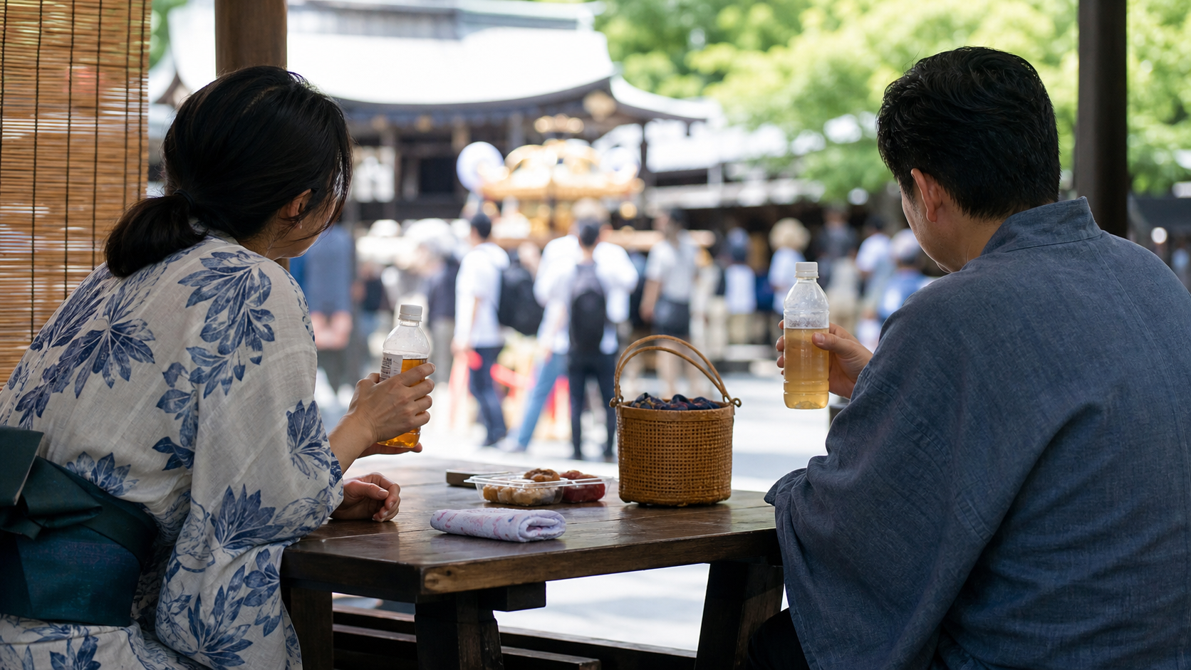 Travelers taking a quiet drink break away from a festival crowd.