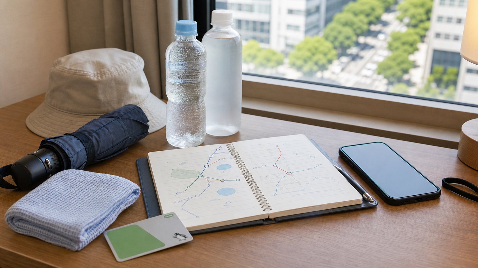 Hotel room table with water, towel, sun umbrella, and replanned itinerary for a hot day