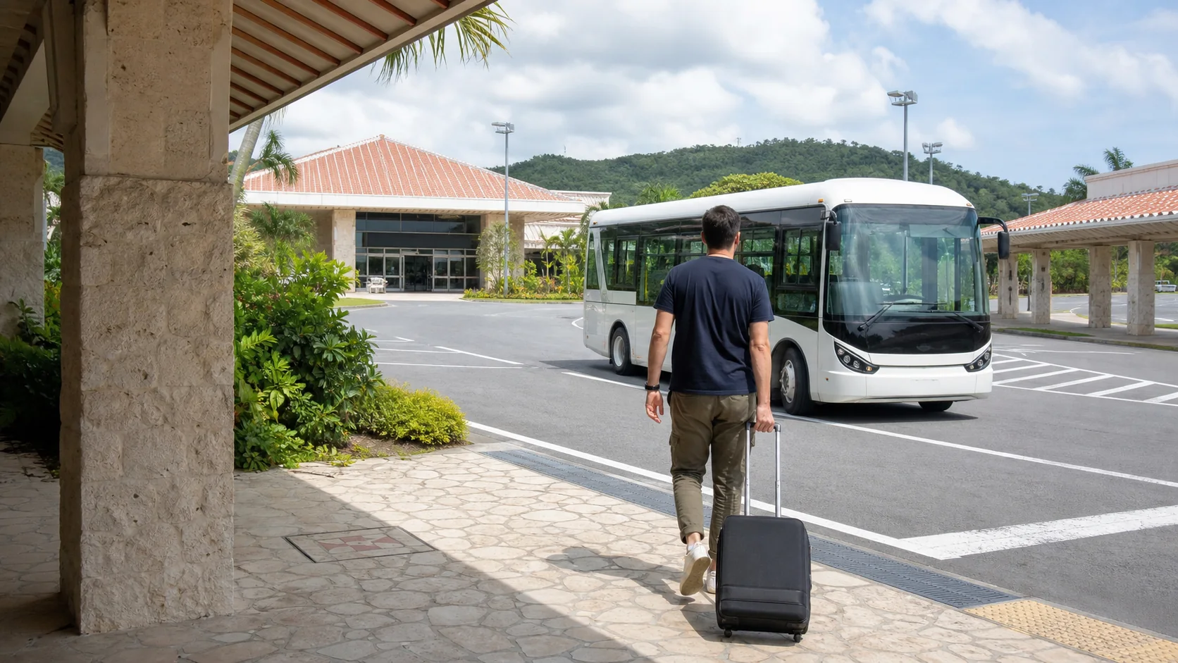 Traveler walking toward an airport shuttle bus in Ishigaki