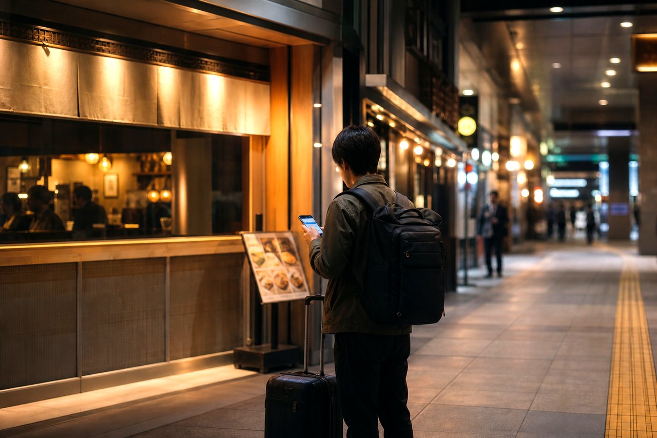 Traveler choosing a late-night food backup near a Tokyo station.