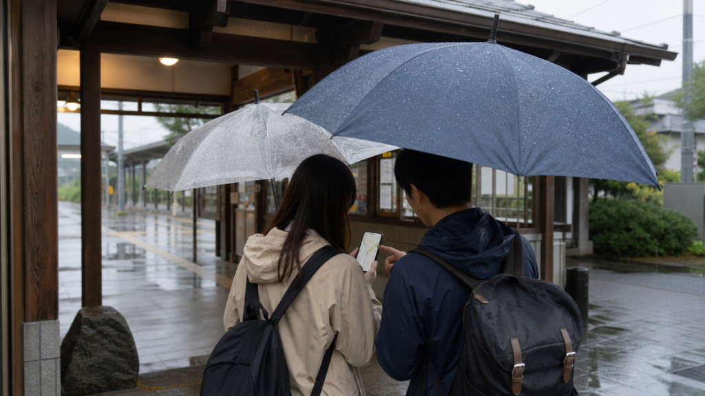 Rainy station plan B scene for a summer day trip from Tokyo