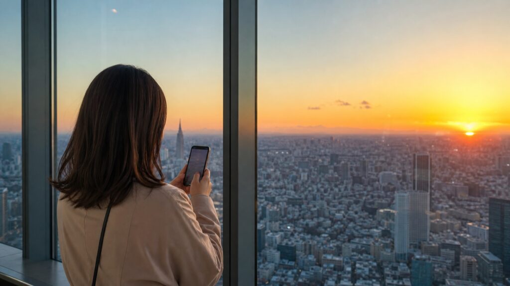 Traveler checking sunset timing from a Tokyo observation deck