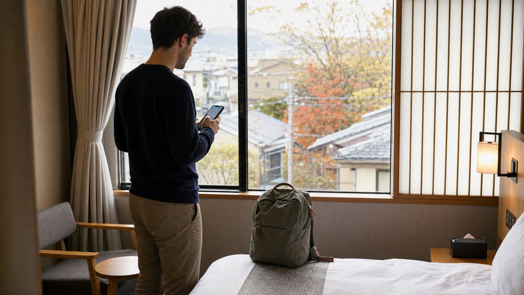 Traveler checking Kyoto crowd conditions before leaving a hotel room