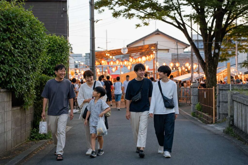 Family and adult travelers leave a shopping-street festival comfortably