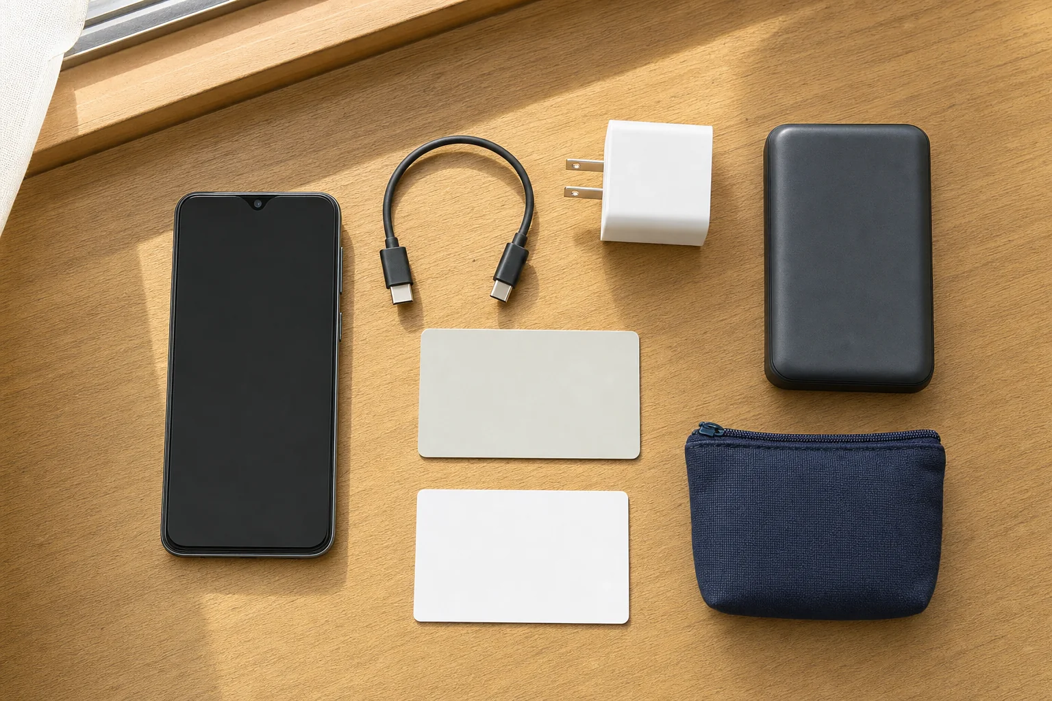 Dead-phone travel kit with USB-C cable, Type A charger, power bank, blank IC card and coin pouch.