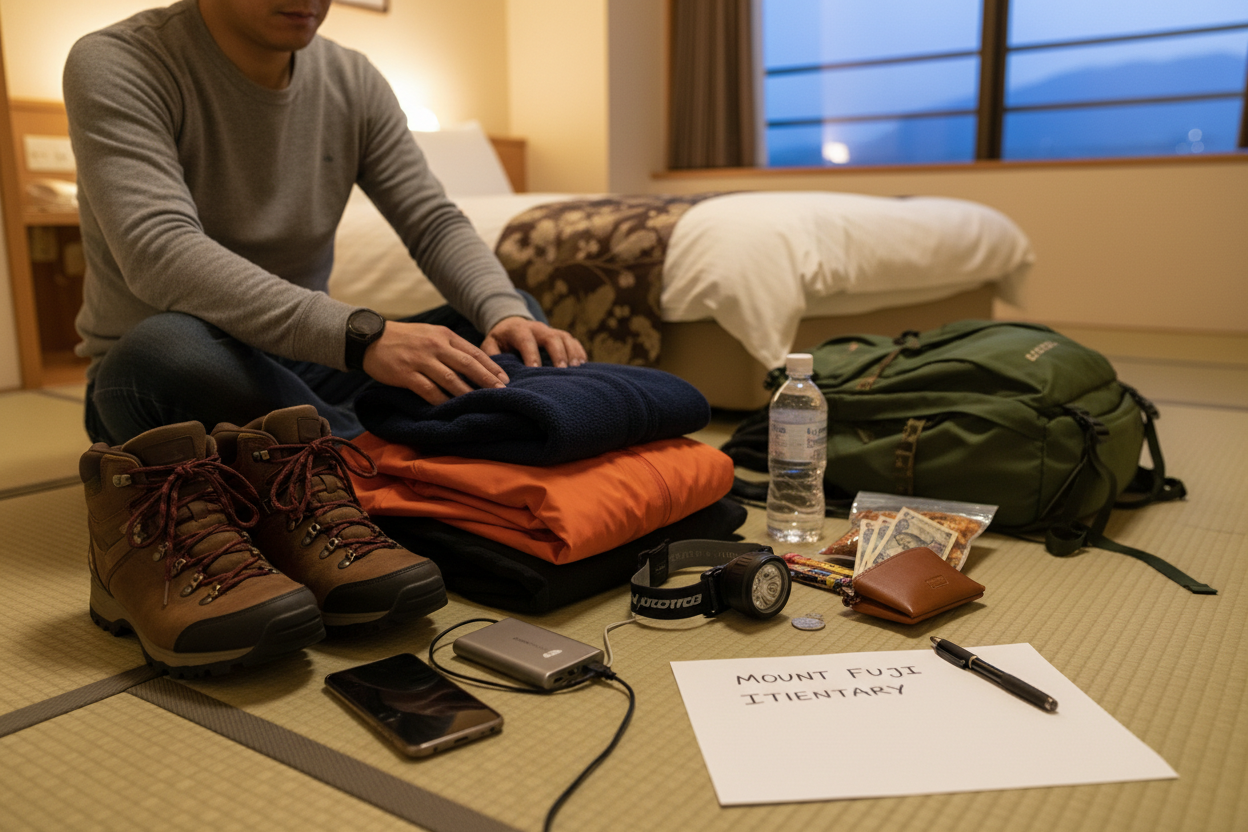 Traveler checking Mount Fuji equipment, phone and return plan the night before