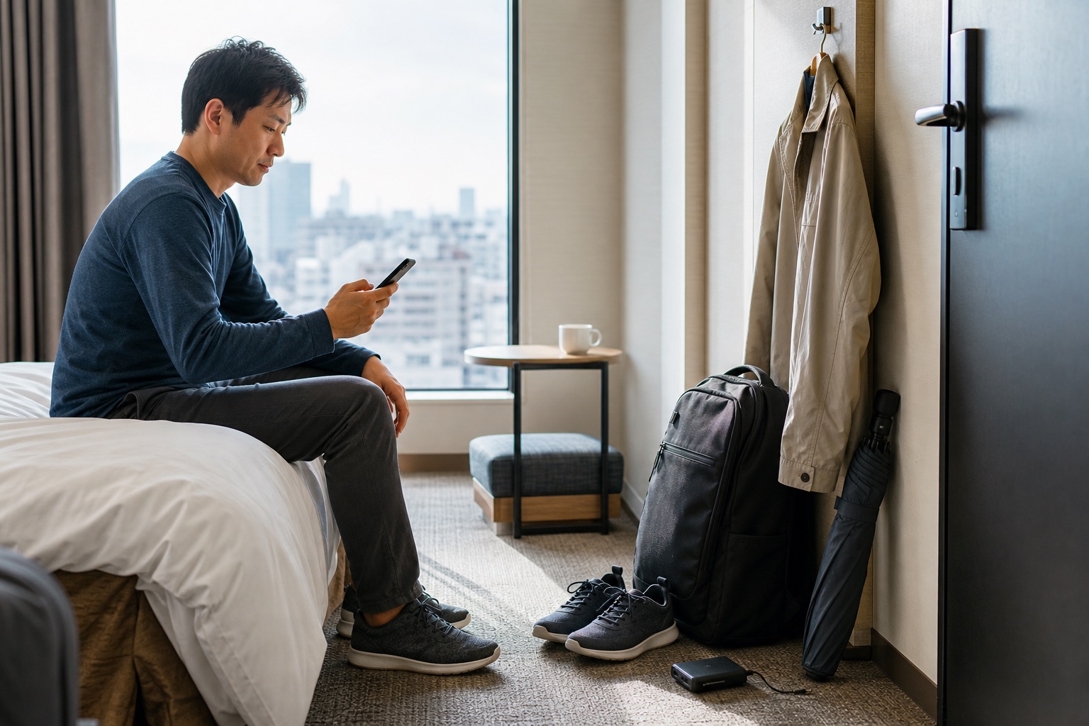 Traveler checking a phone beside a jacket, umbrella, walking shoes, and day bag in a Tokyo hotel room