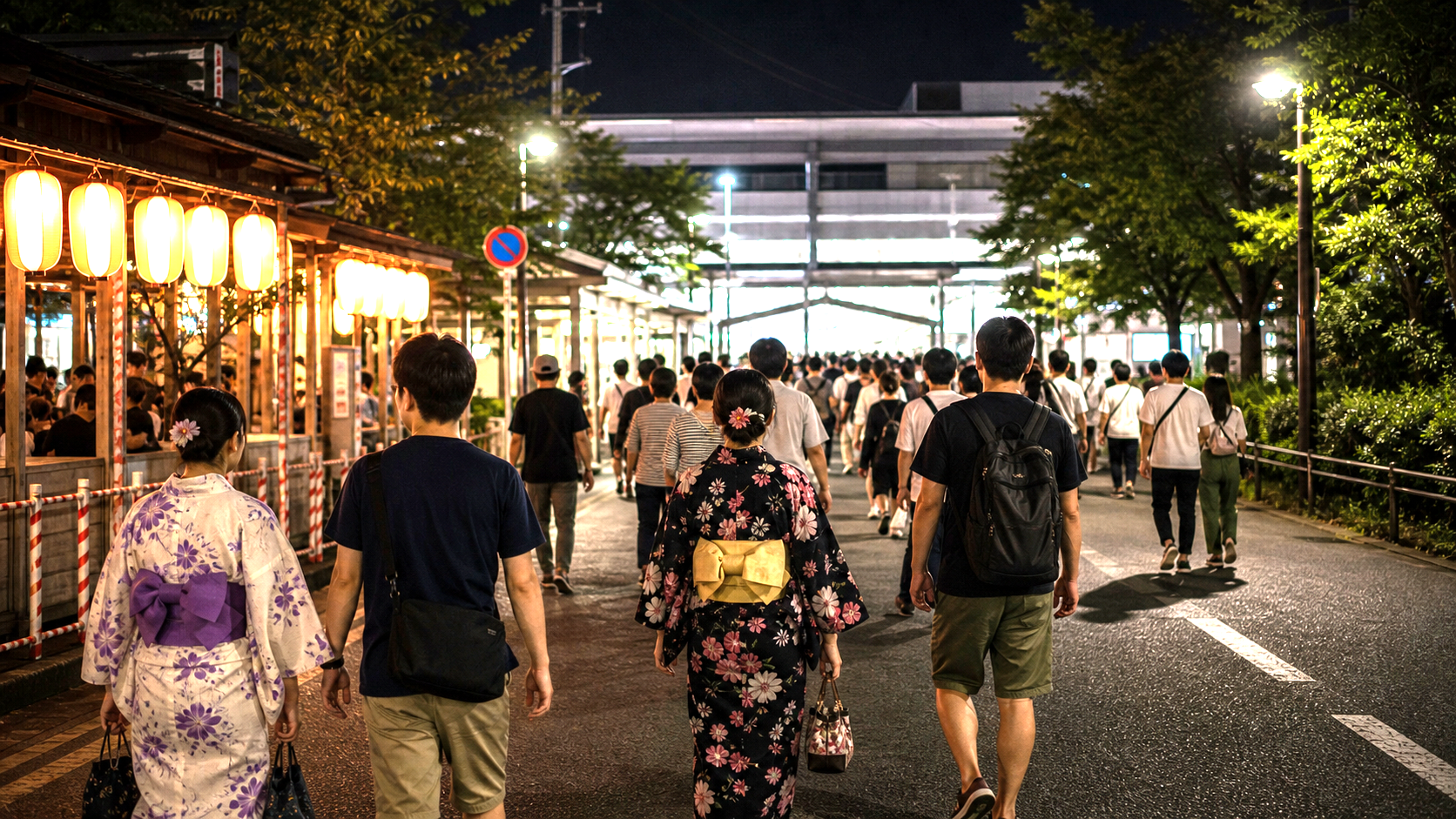 Photo-real AI image of travelers calmly leaving a festival area after the crowd peak.
