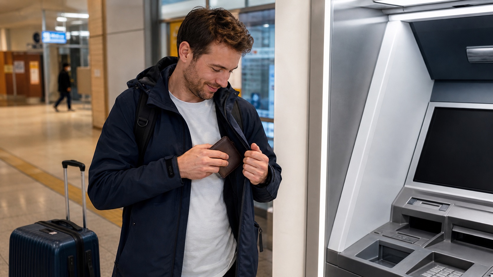Traveler safely putting recovered Japanese yen into a wallet beside an ATM