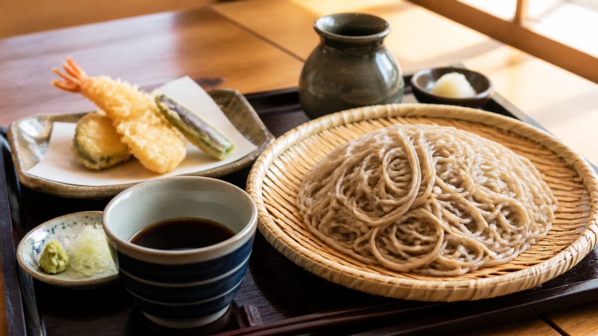 First-time soba order set with zaru soba, tempura, dipping sauce, and sobayu pot