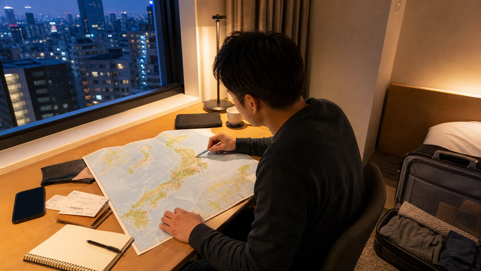 Traveler planning a route across Japan from a Tokyo hotel room