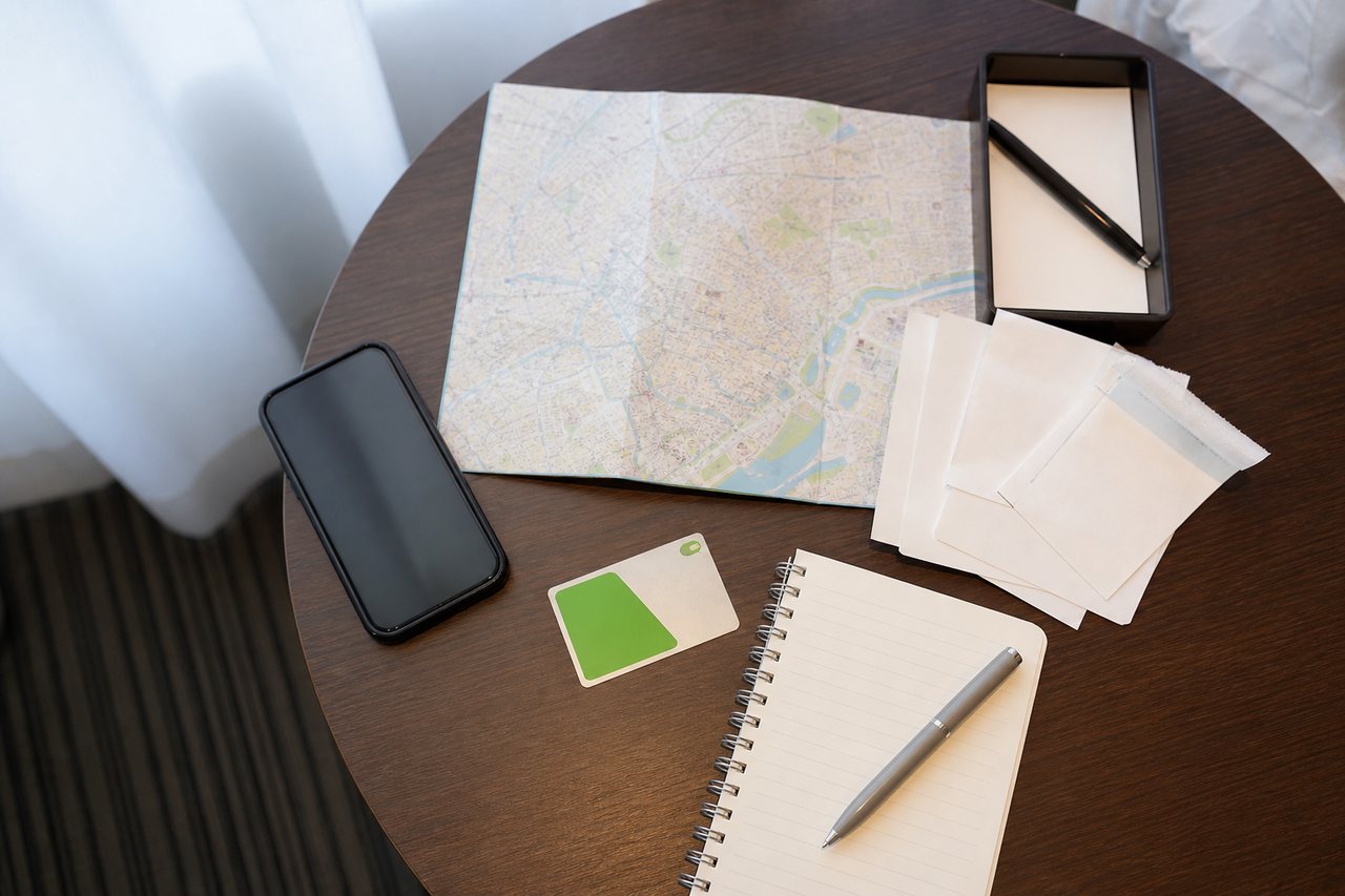 Hotel table with phone, map and notebook for choosing the next practical Tokyo guide.