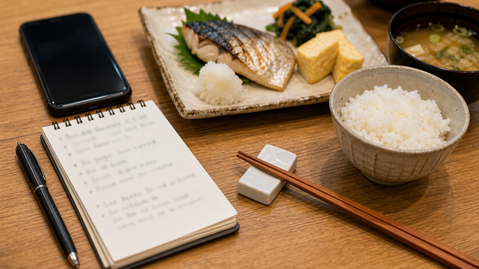 Photo-real AI image of an allergy phrase card, chopsticks, and a simple Japanese meal.