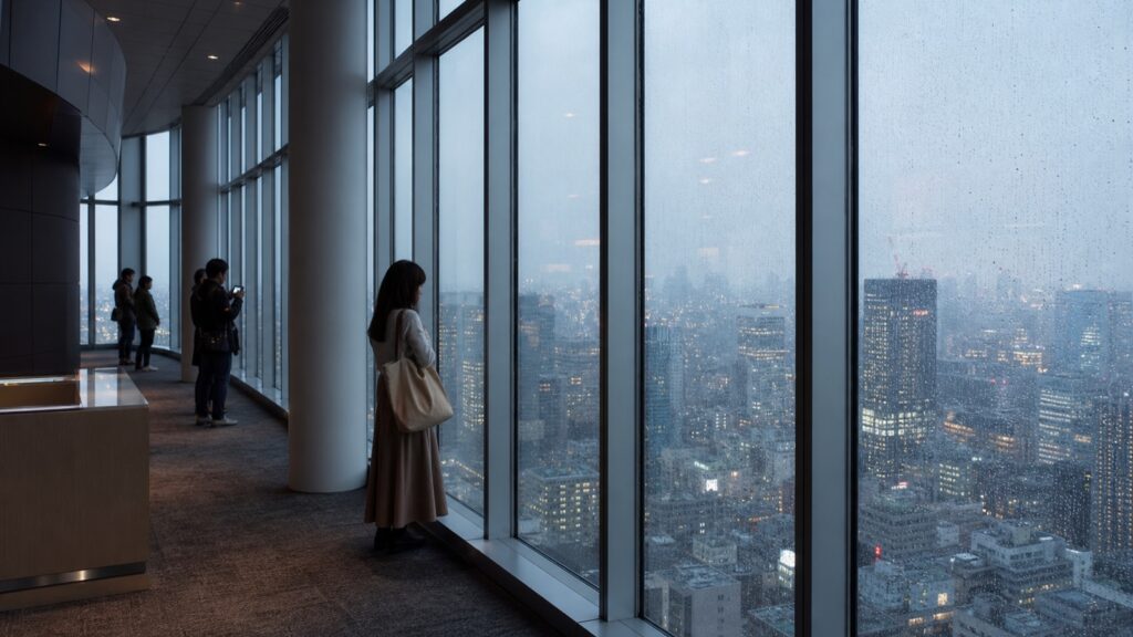 Indoor Tokyo observation deck on a rainy day
