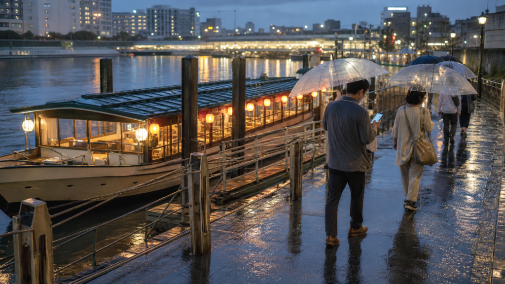 Rainy Tokyo pier and return planning after a yakatabune cruise