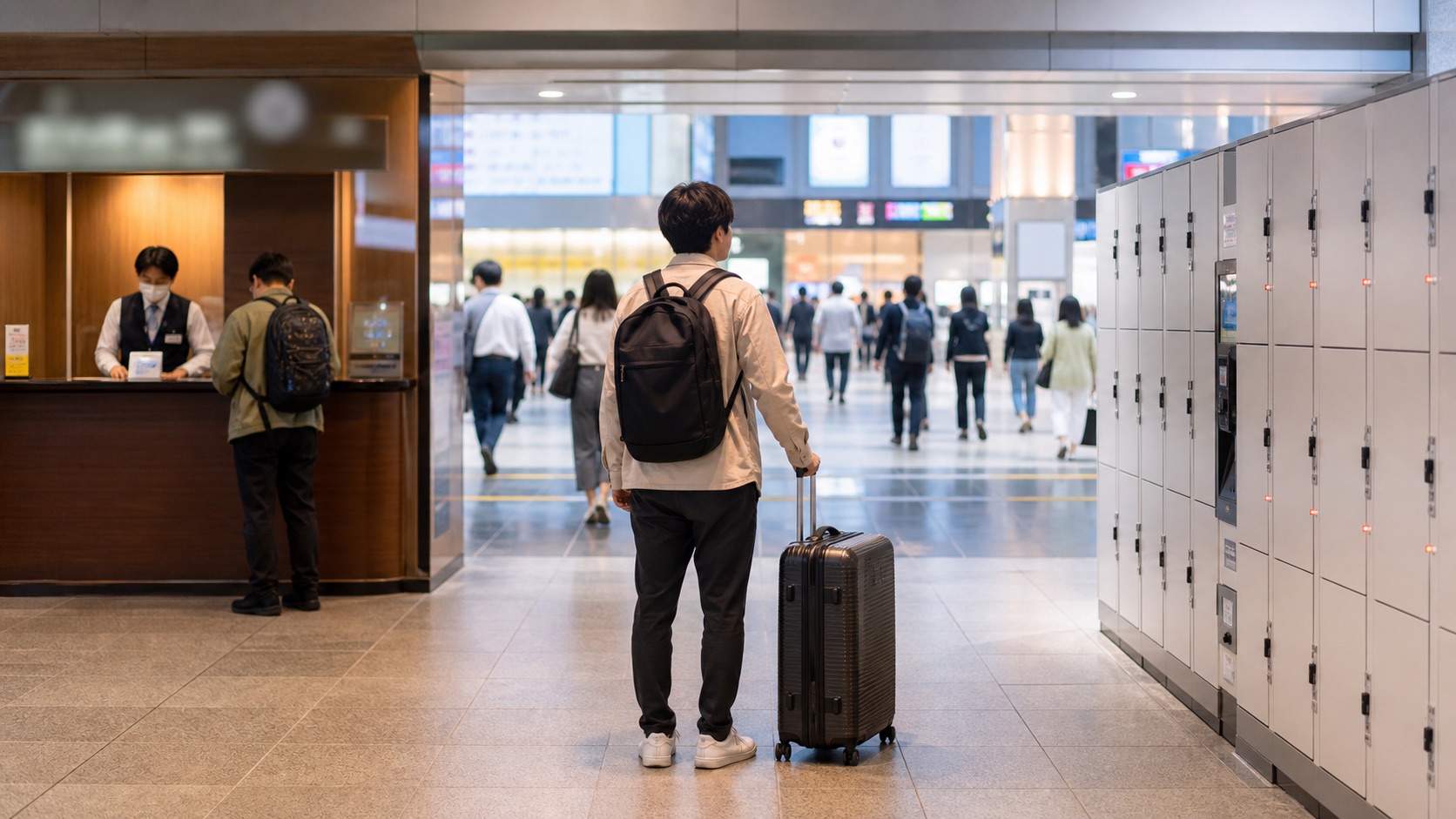 Traveler comparing a staffed luggage counter and coin lockers at a Japanese station