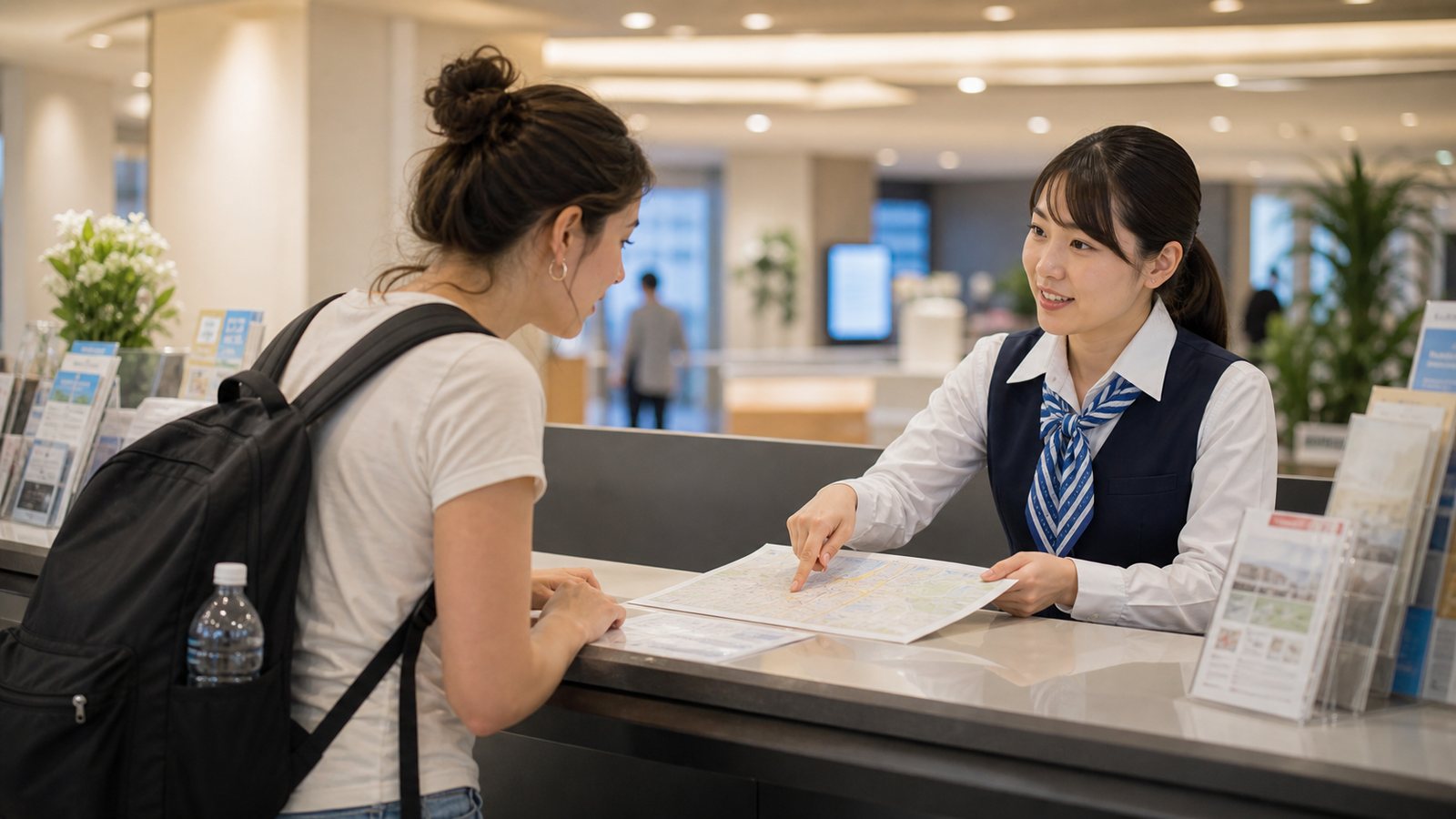 Traveler asking for help at an indoor tourist information counter in Japan
