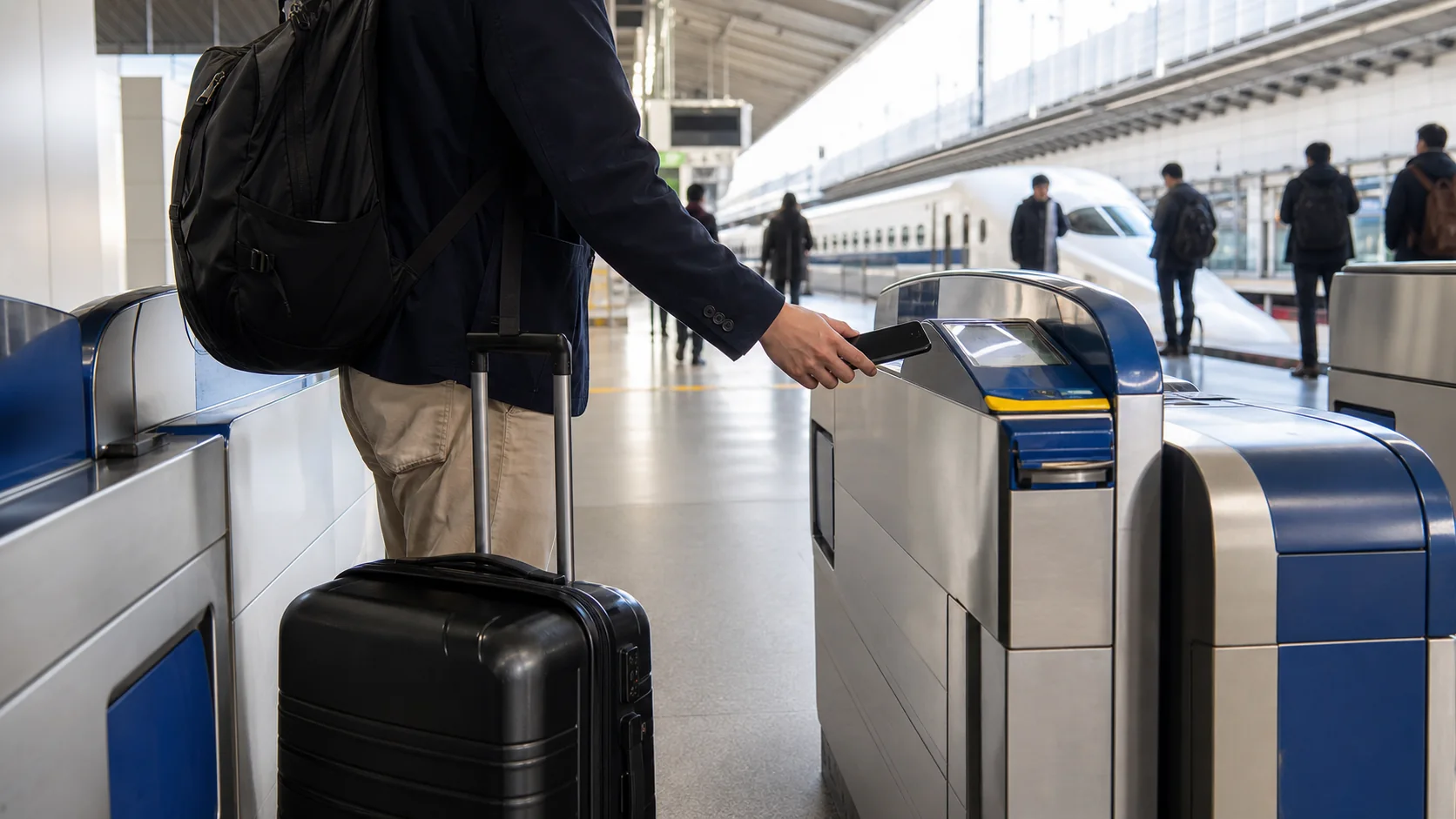 Traveler using a smartphone at a Shinkansen ticket gate