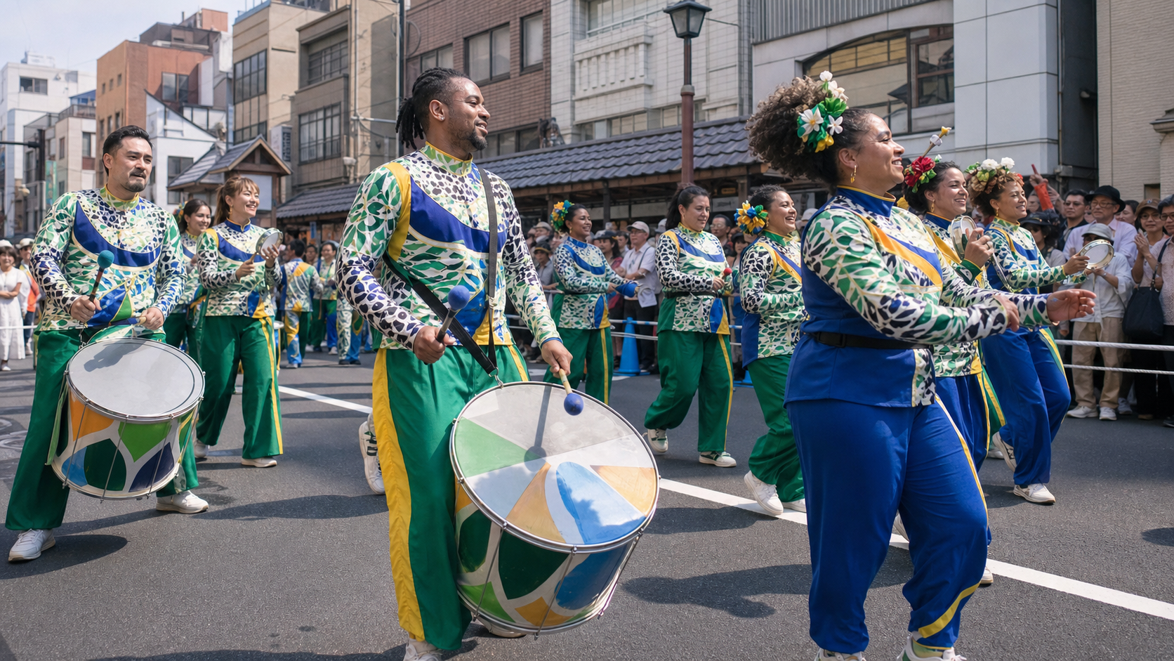 Samba dancers and musicians performing on a crowded street in Asakusa