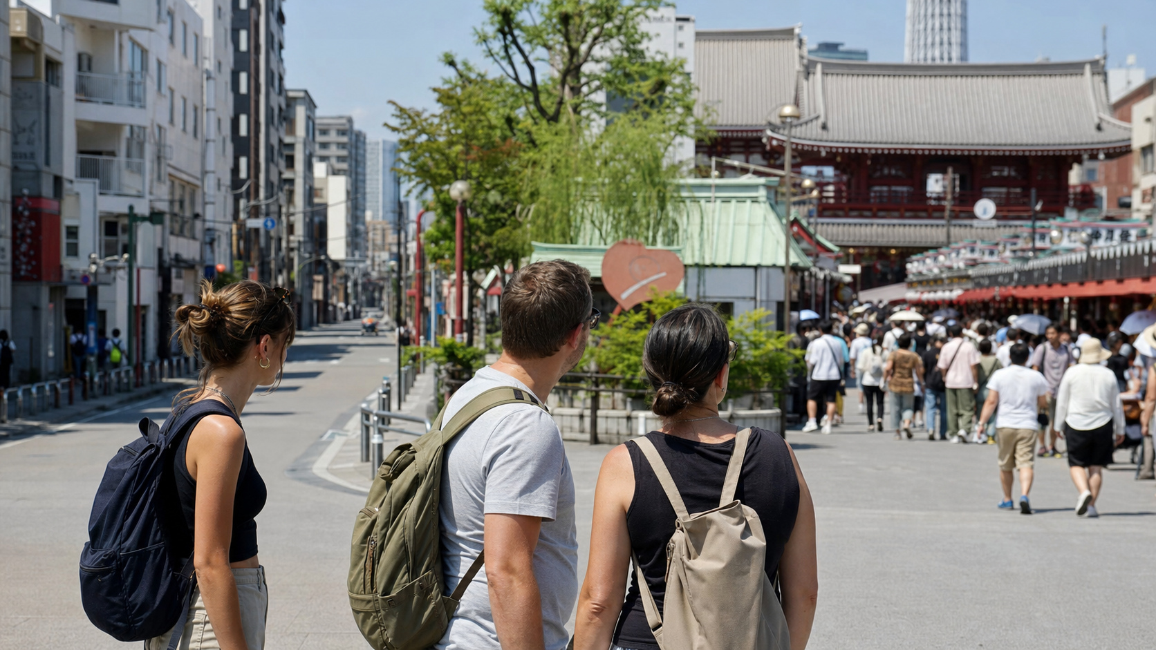 Travelers choosing a walking approach near a busy Asakusa event area