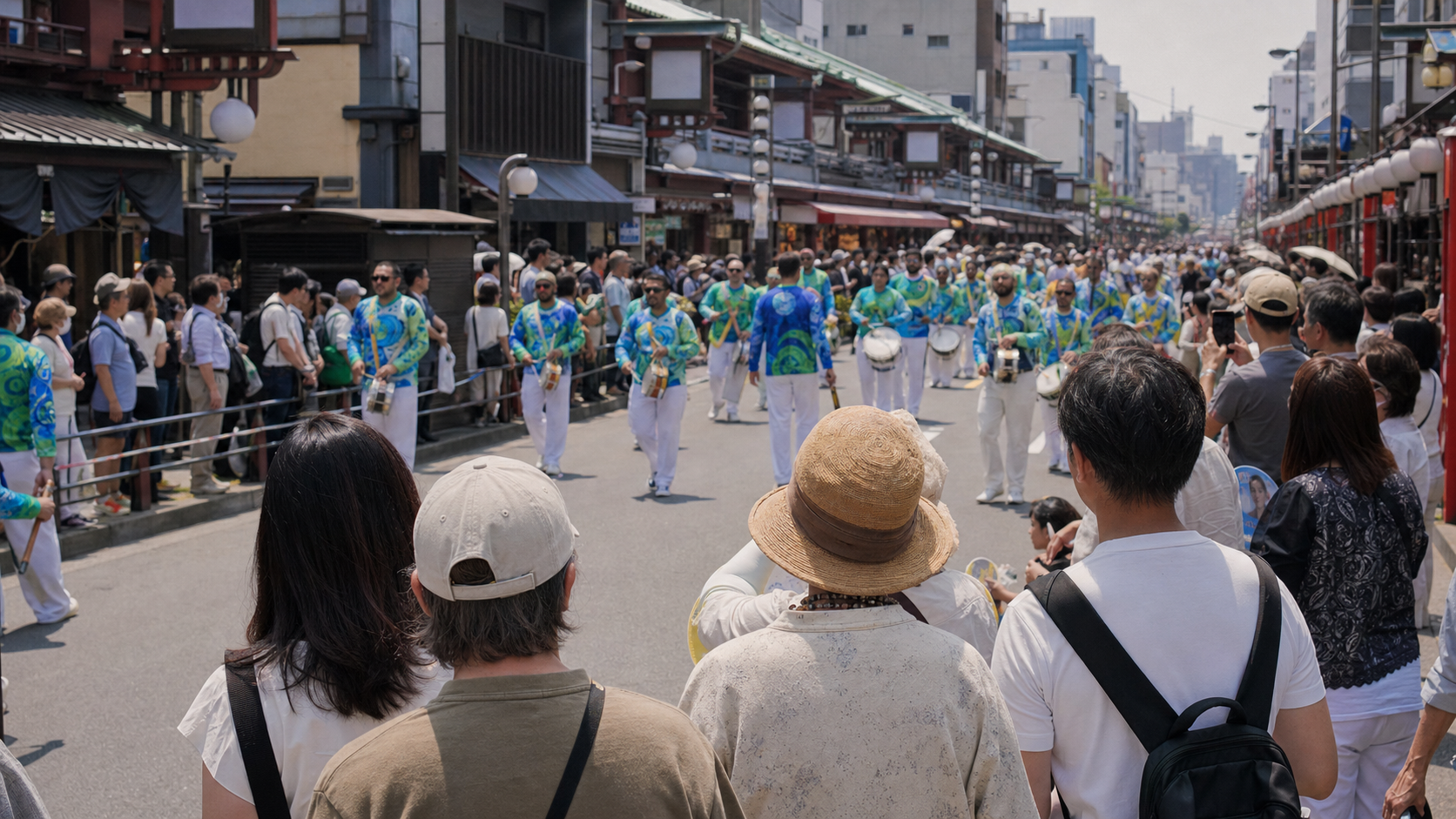 Spectators watching a samba team approach along a straight Asakusa street
