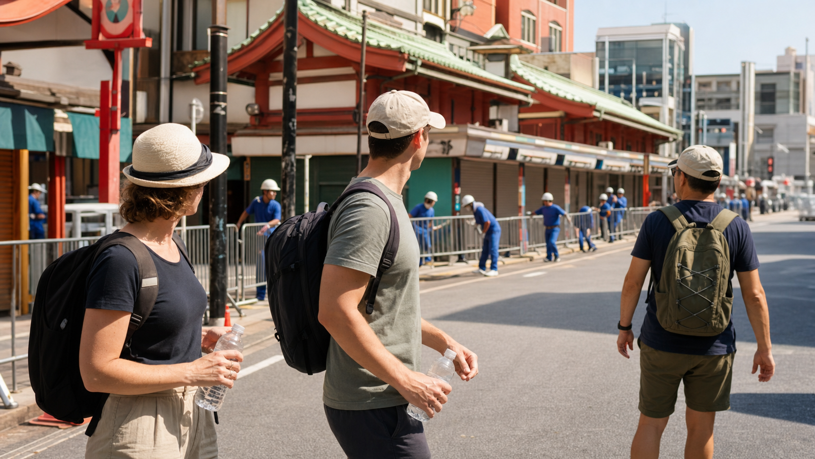 Visitors arriving early in Asakusa with hats and water before a summer parade