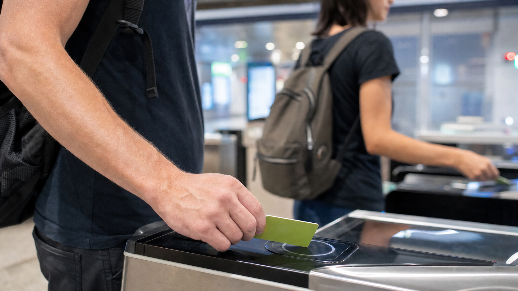 Travelers tapping IC cards at Tokyo train station ticket gates