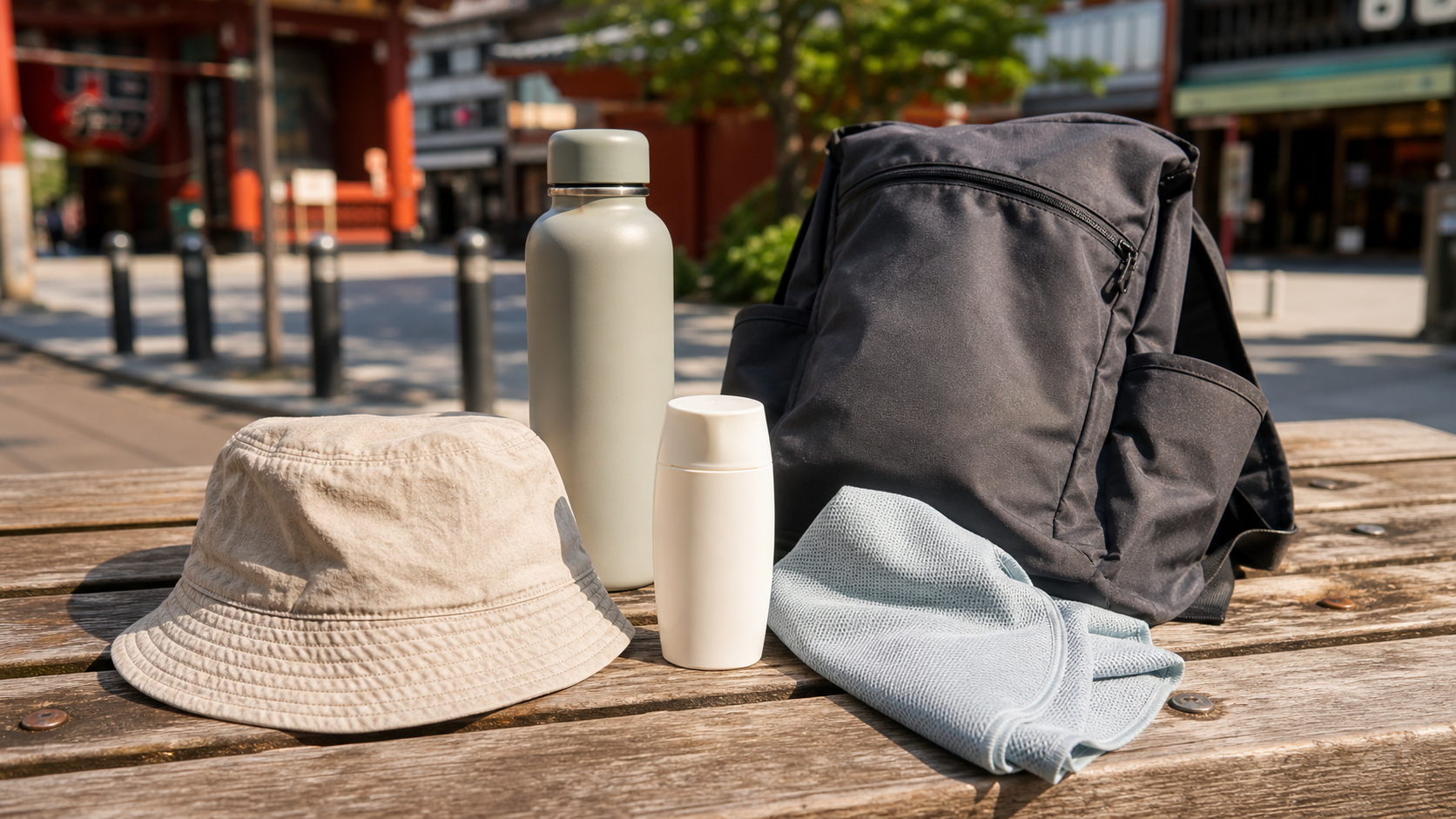 Hat, water, cooling towel and sunscreen prepared for a Tokyo summer event