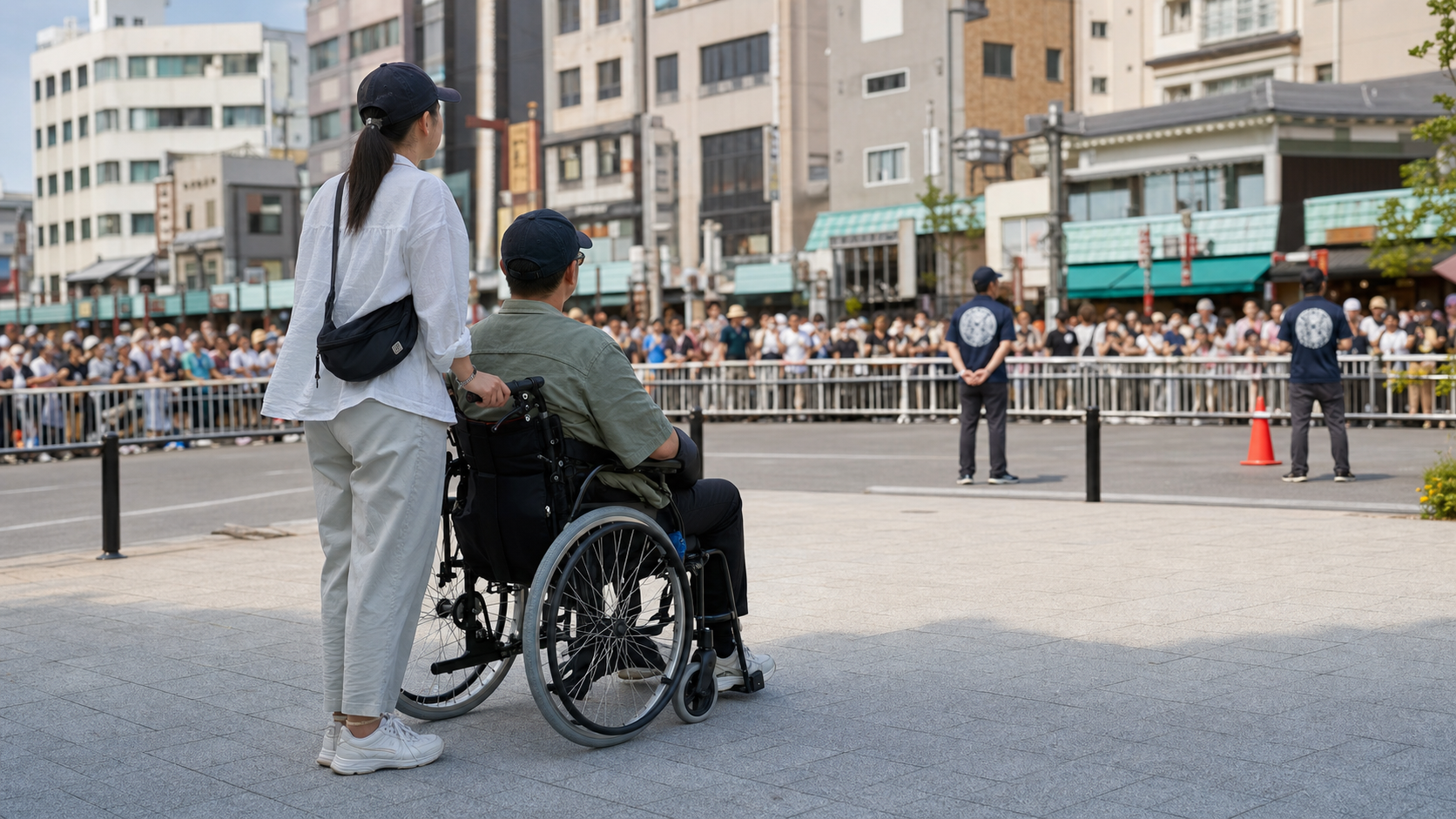 Wheelchair user and companion in an organized outdoor viewing area in Asakusa