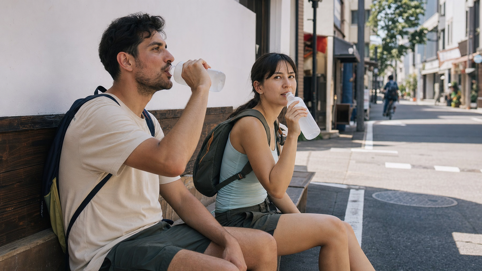 Travelers cooling down with drinks on a quieter street west of central Asakusa