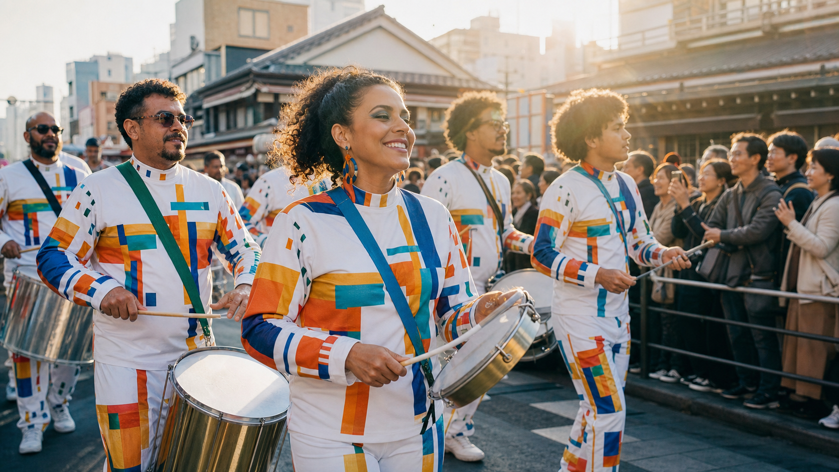 Samba performers and spectators in warm late-afternoon light in Asakusa