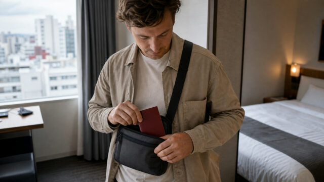 Traveler securing a blank passport-sized booklet in a zipped cross-body pouch inside a Tokyo hotel room