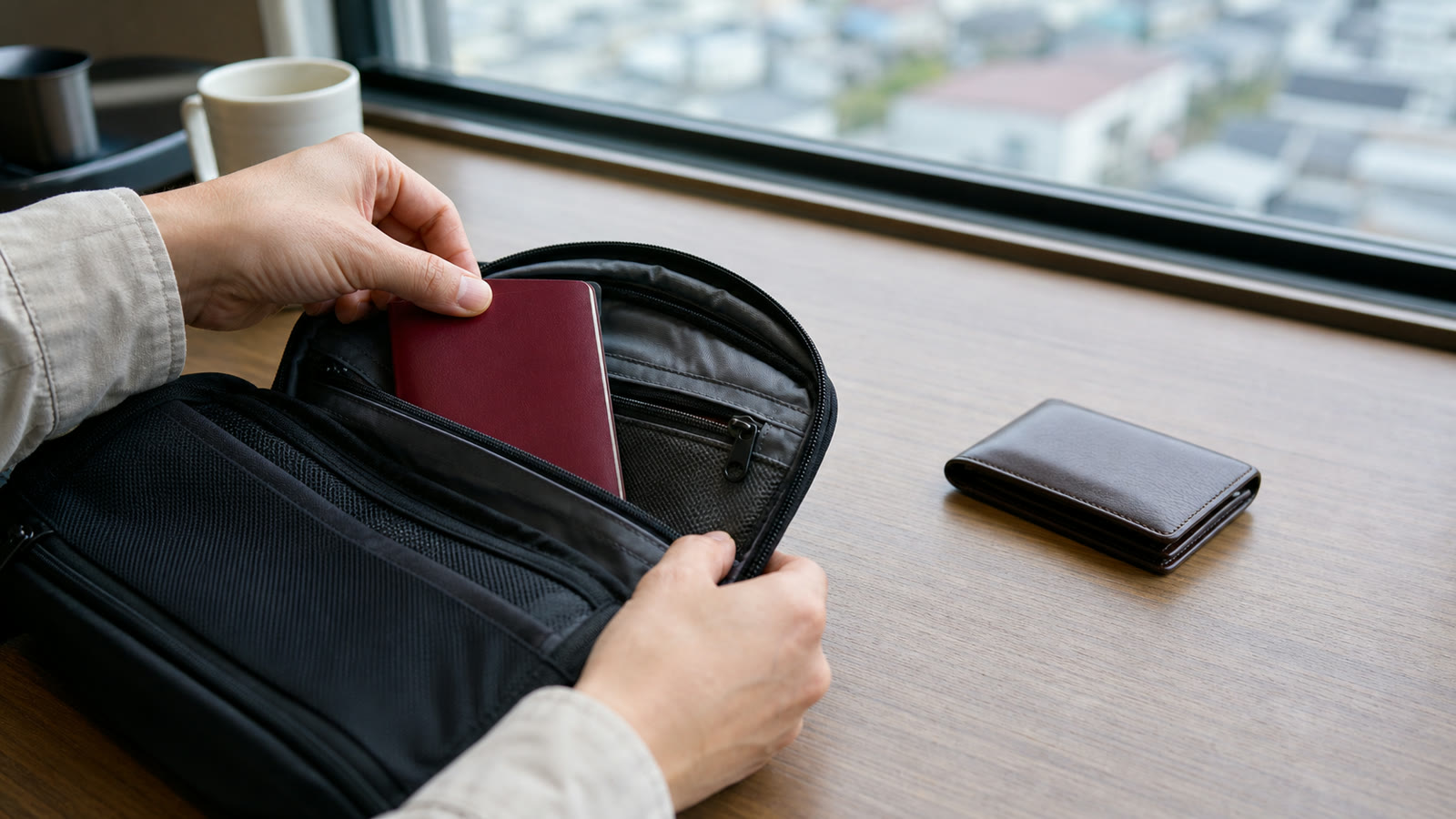 Hands placing a blank passport-sized booklet in a travel pouch with a wallet stored separately