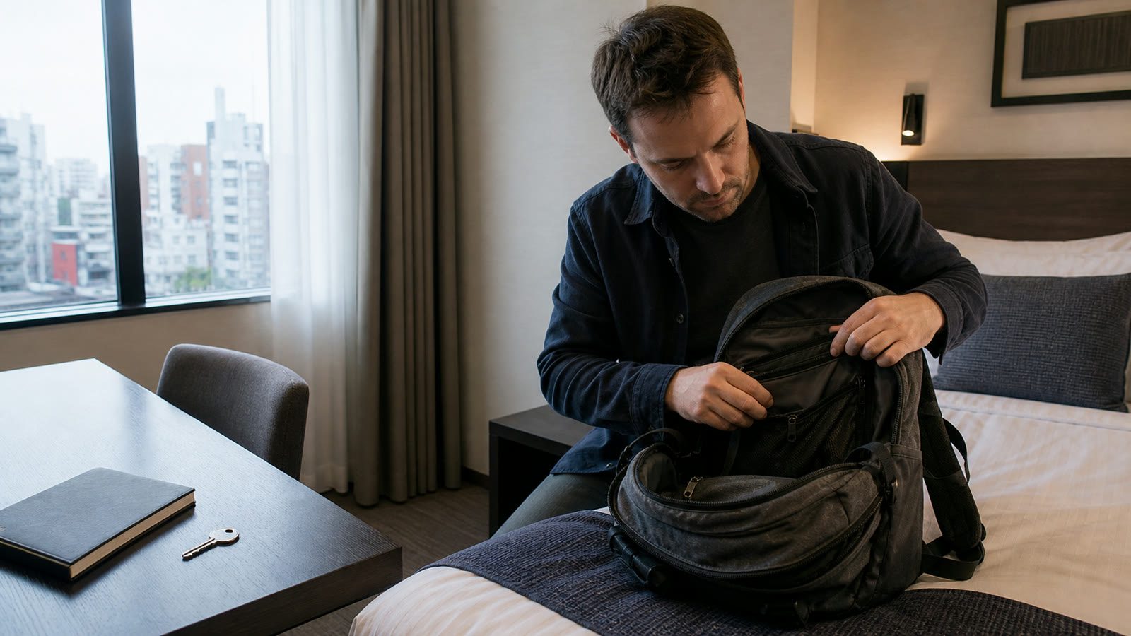 Traveler checking the inner compartments of a backpack in a Tokyo hotel room